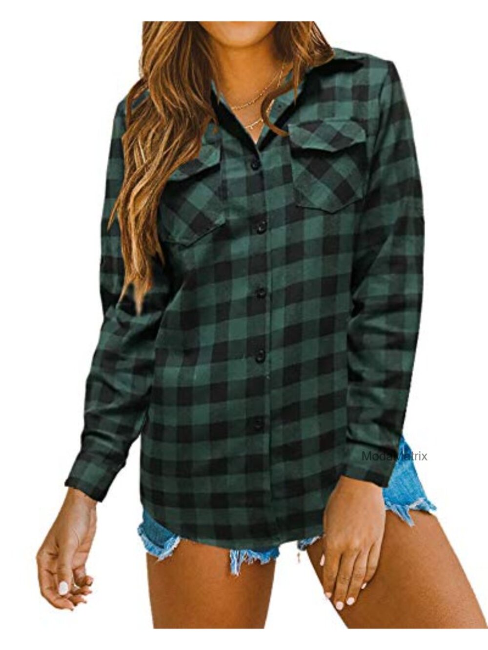 Womens Cuffed Long Sleeve Plaid Button Down Shirt Cotton Spandex Boyfriend Fit